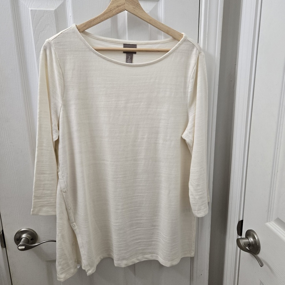 Chico's Sweater Womens Size 2 US Large Ivory 3/4 Sleeve Minimalist Button Detail